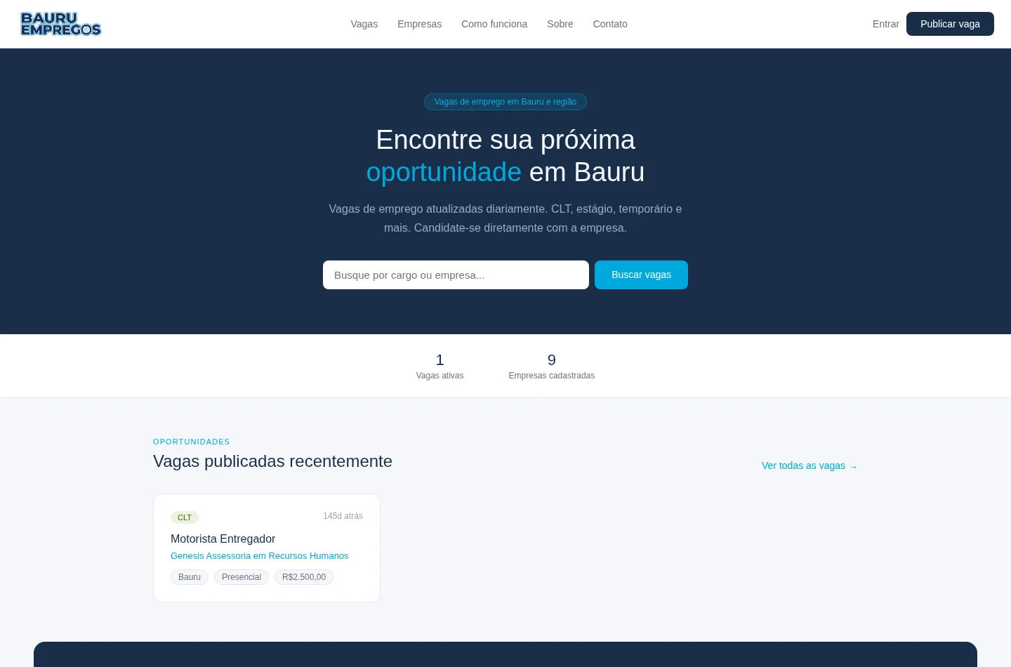 Tela da plataforma Bauru Empregos