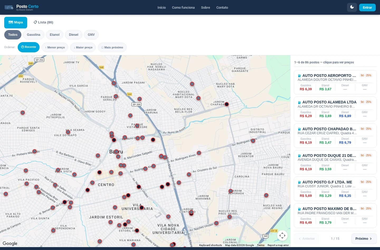 Mapa de Bauru na plataforma Posto Certo