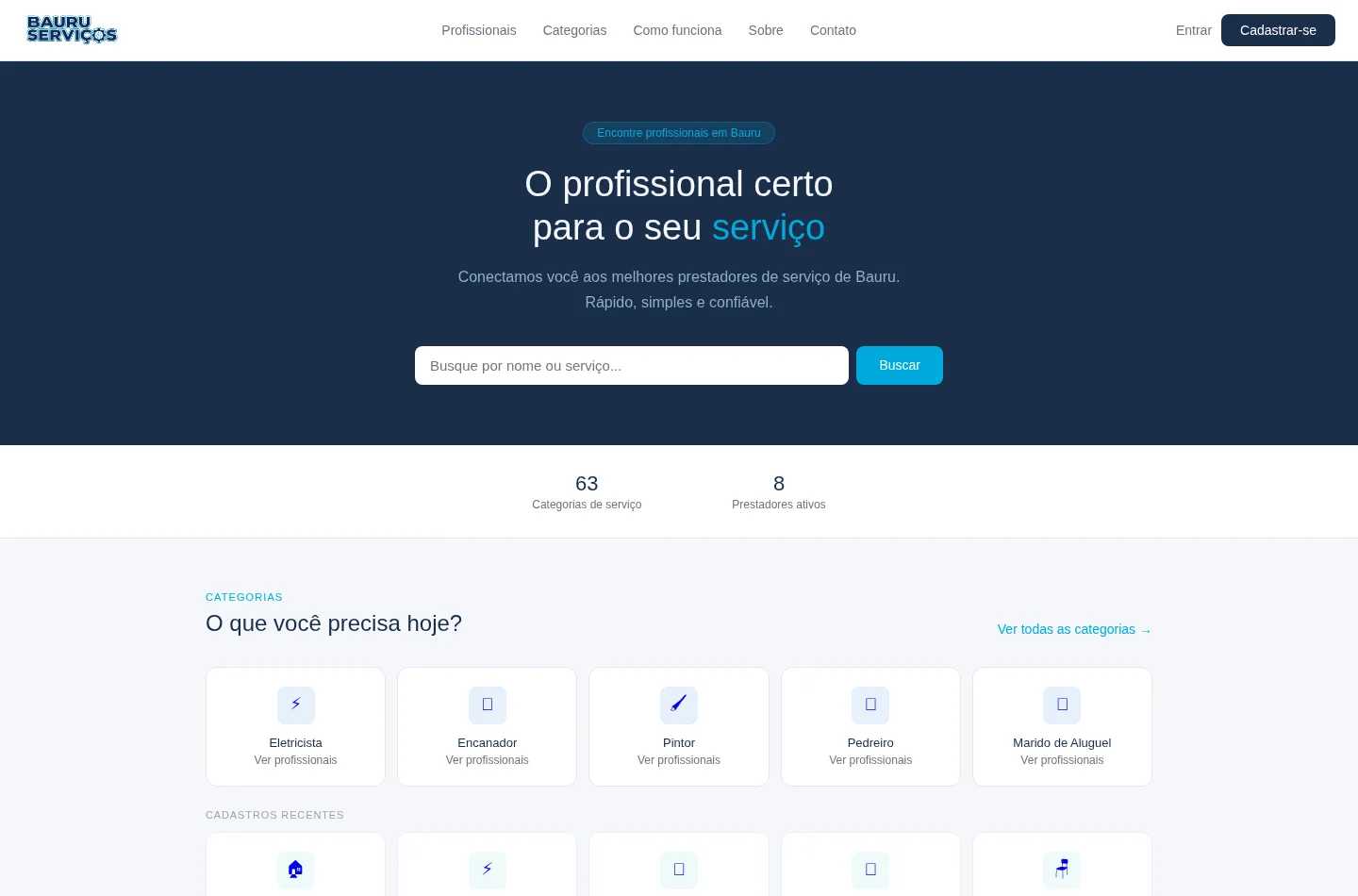 Tela da plataforma Bauru Serviços
